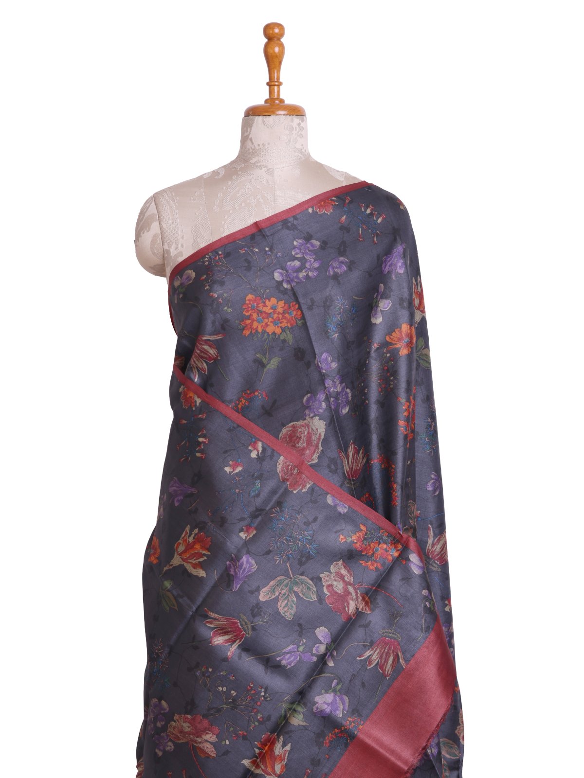 Dark Grey Printed Tussar Silk Saree