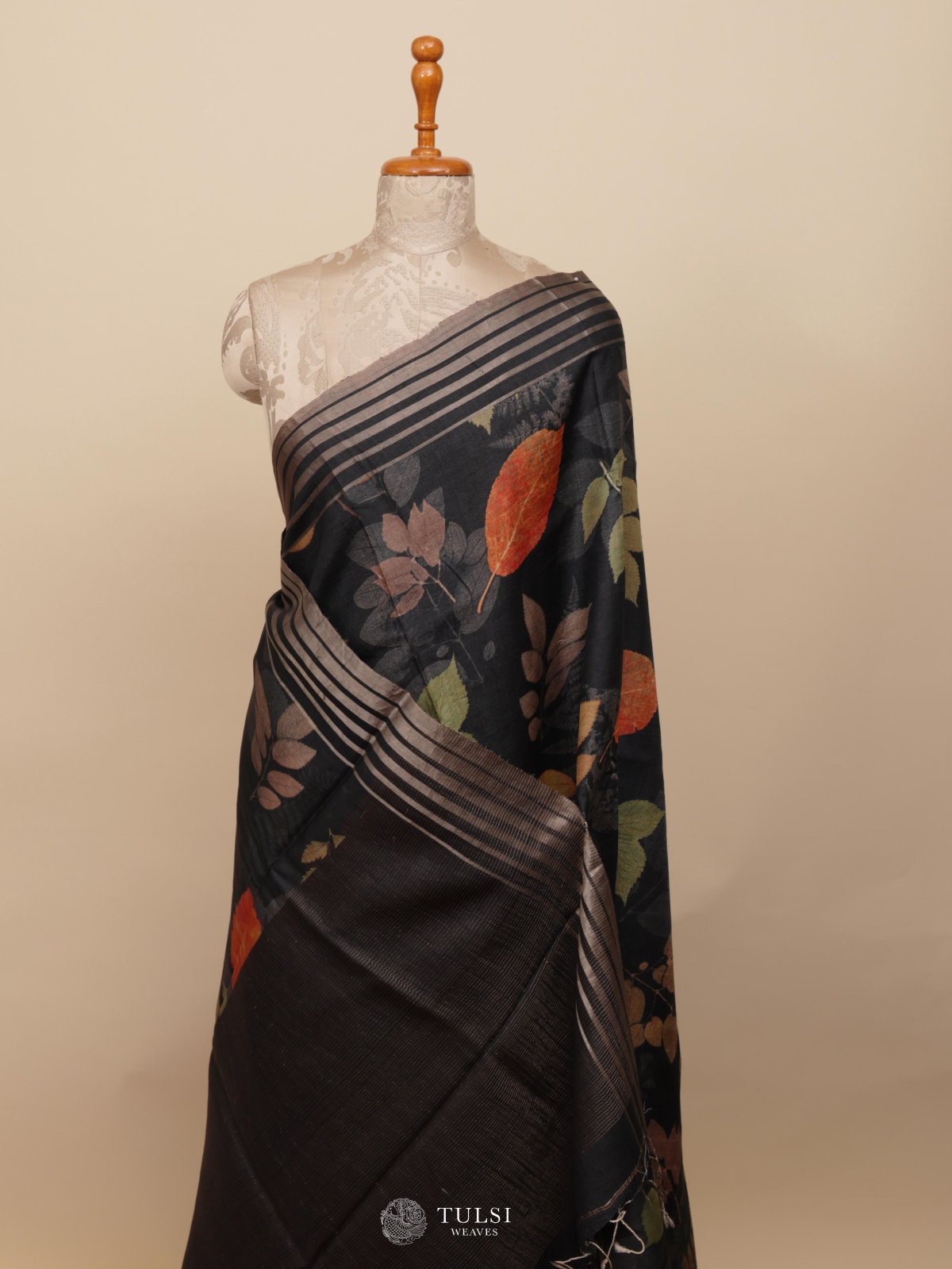 Black Printed Tussar Silk Saree