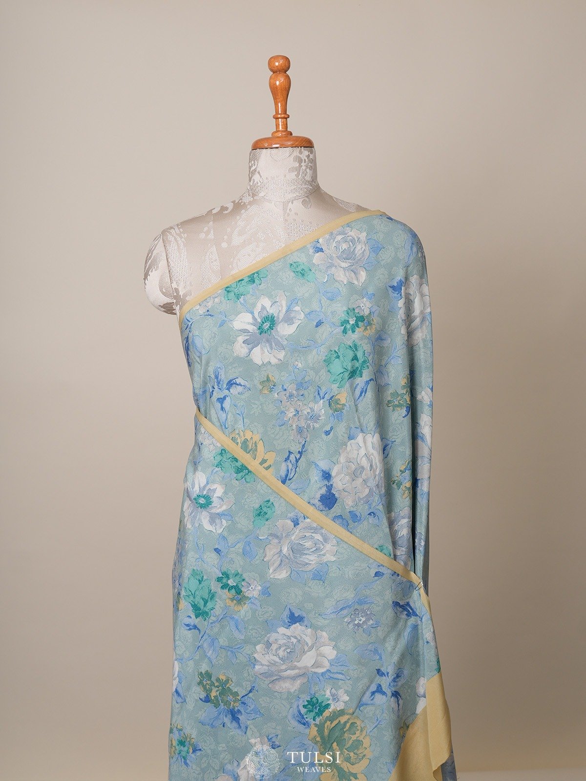Bluish Green Floral Printed Crepe Silk Saree 