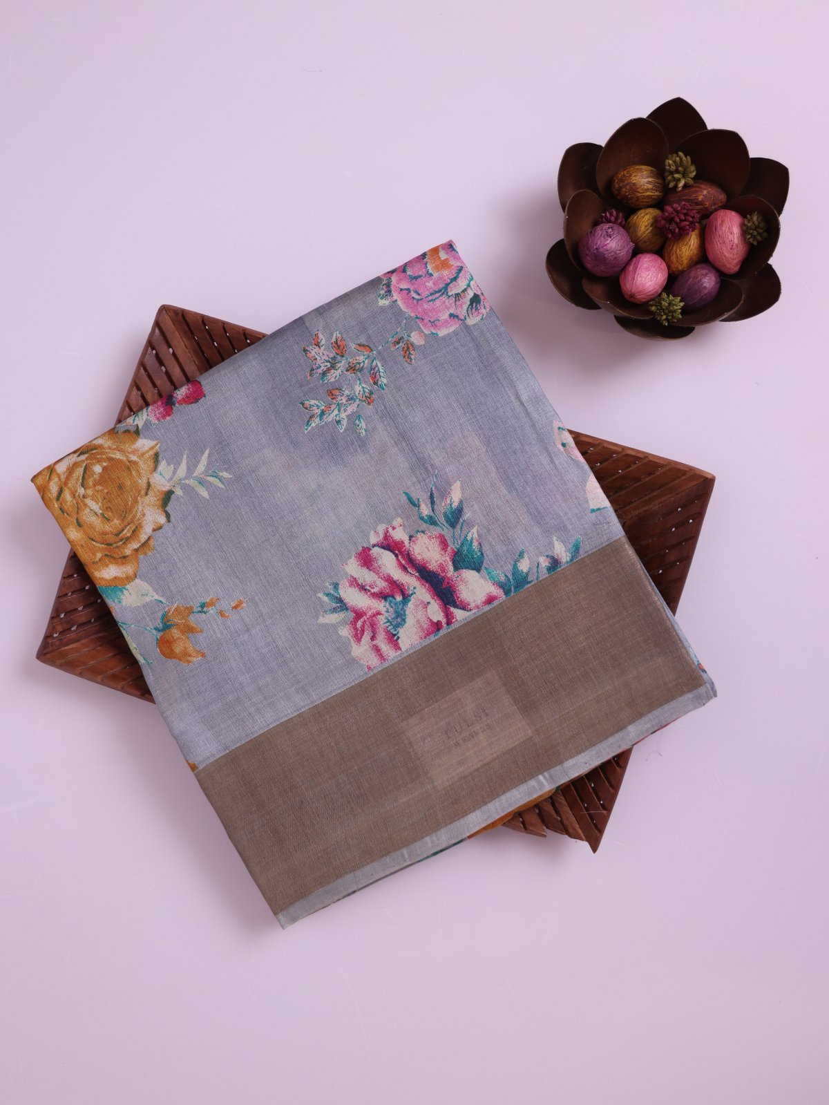 Bluish grey Printed Tusser Silk Saree
