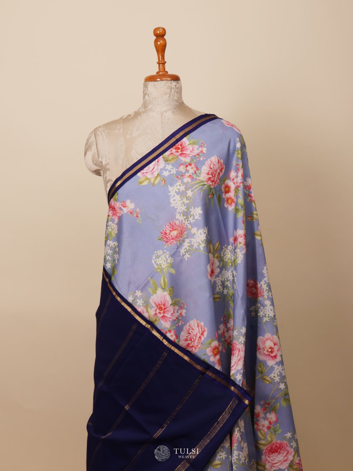 Ink Blue Printed Kanjeevaram Silk Saree