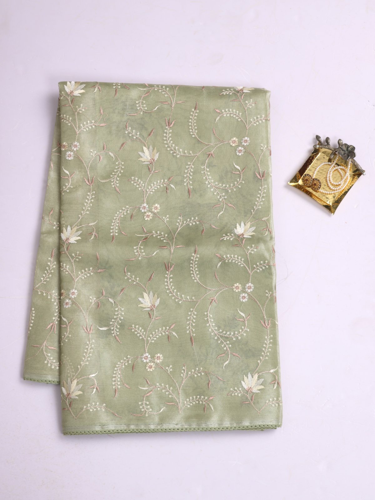 Light Green Tissue Kota Saree With Embroidery