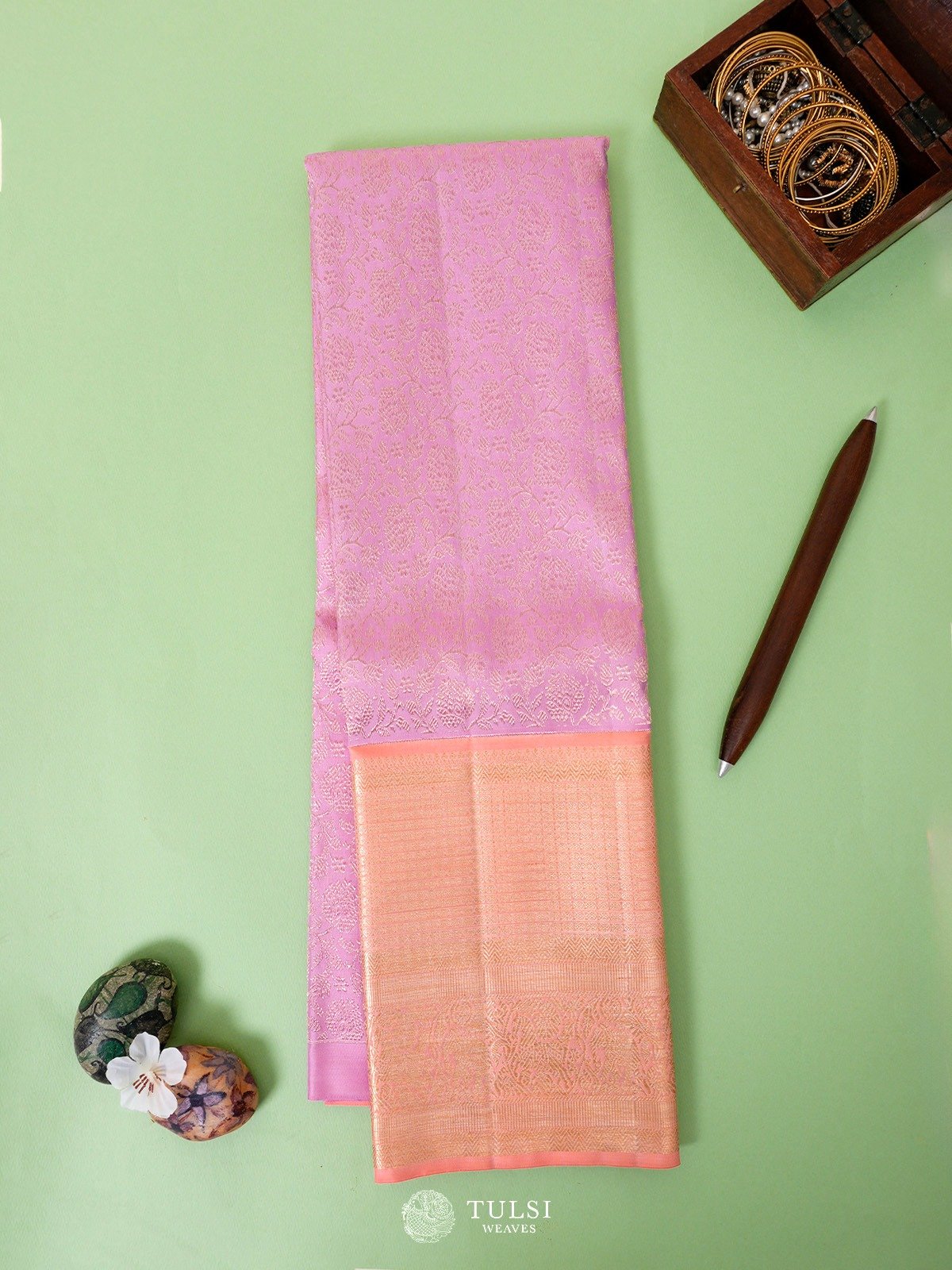 Pink Kanjeevaram Silk Pavadai with Peach Border
