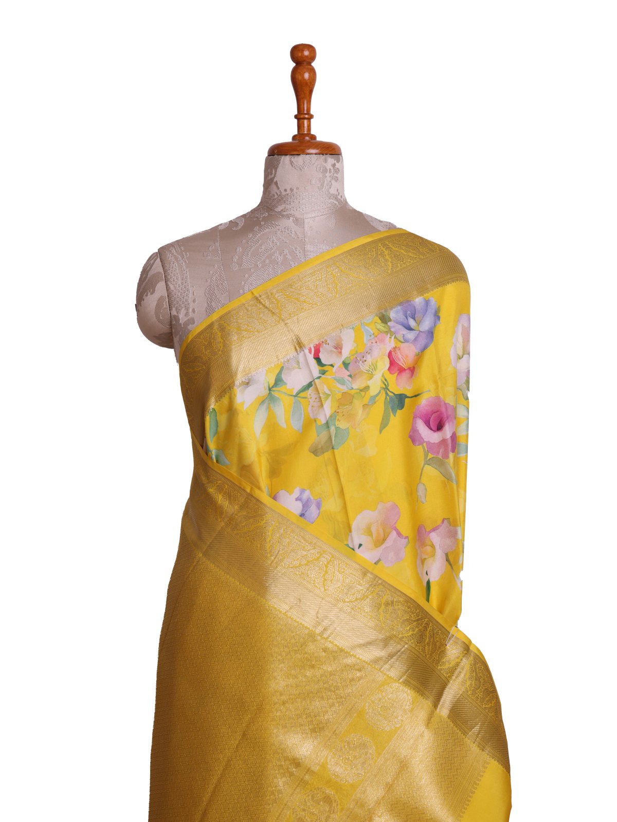 Yellow Printed Kanjeevaram Silk Saree  With Self Zari Border