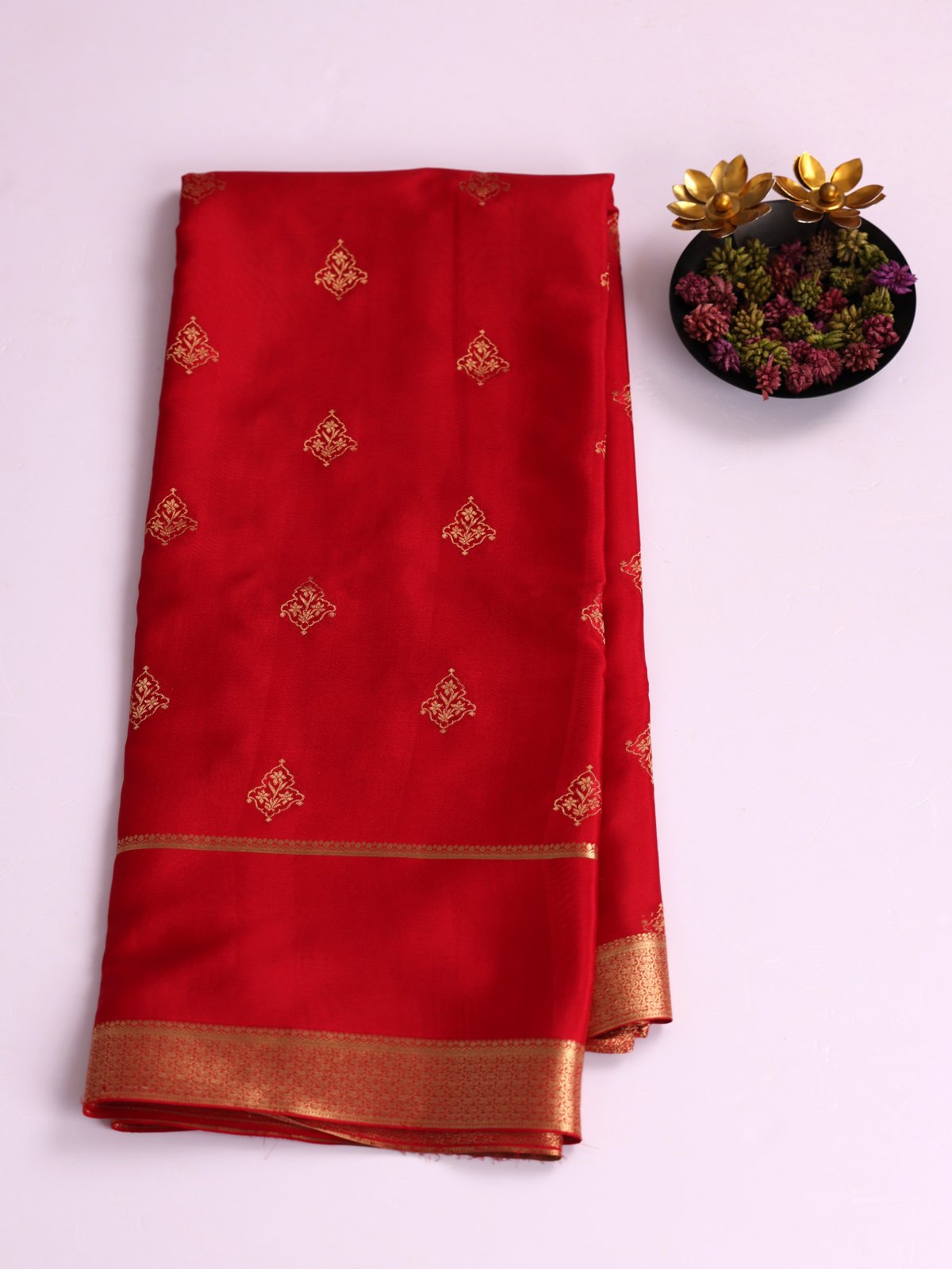 Crimson Red Mysore Silk Saree With Zari Border