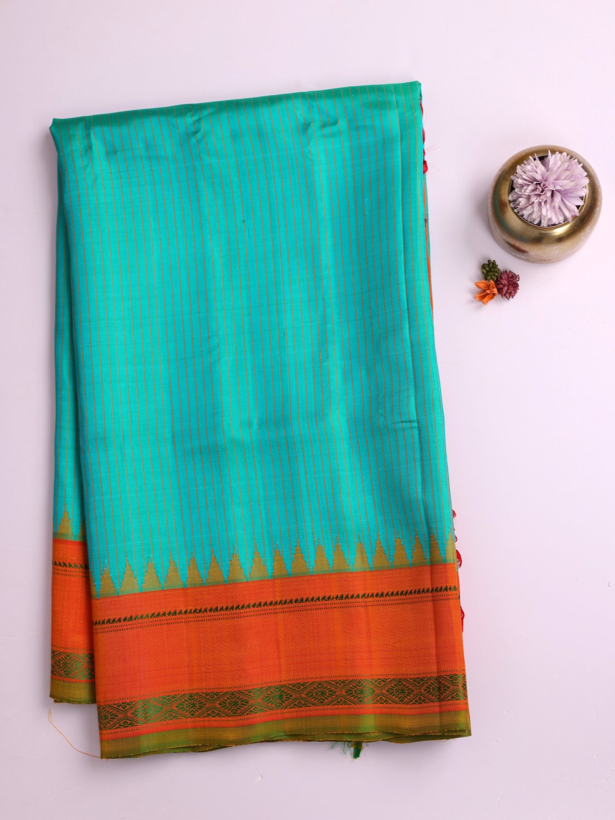 Turquoise Striped Gadwal Silk Saree With Orange Border
