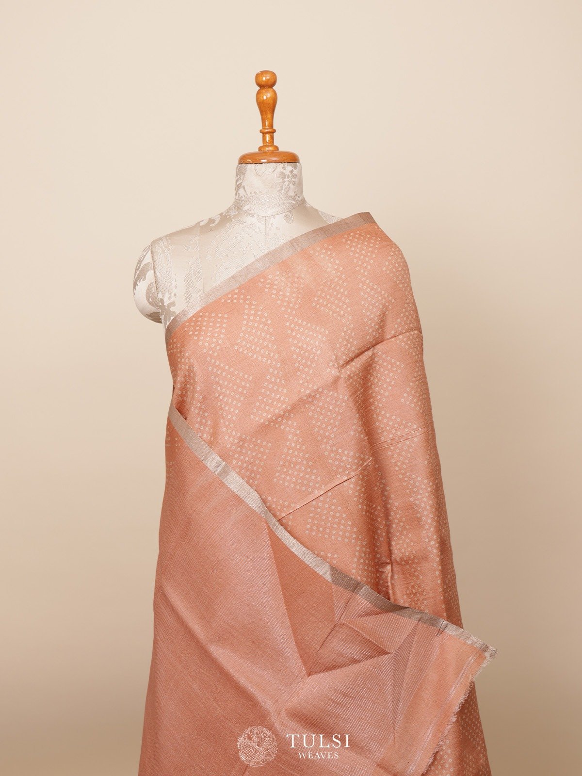 Peach Tussar Silk Saree with Bandhini Print