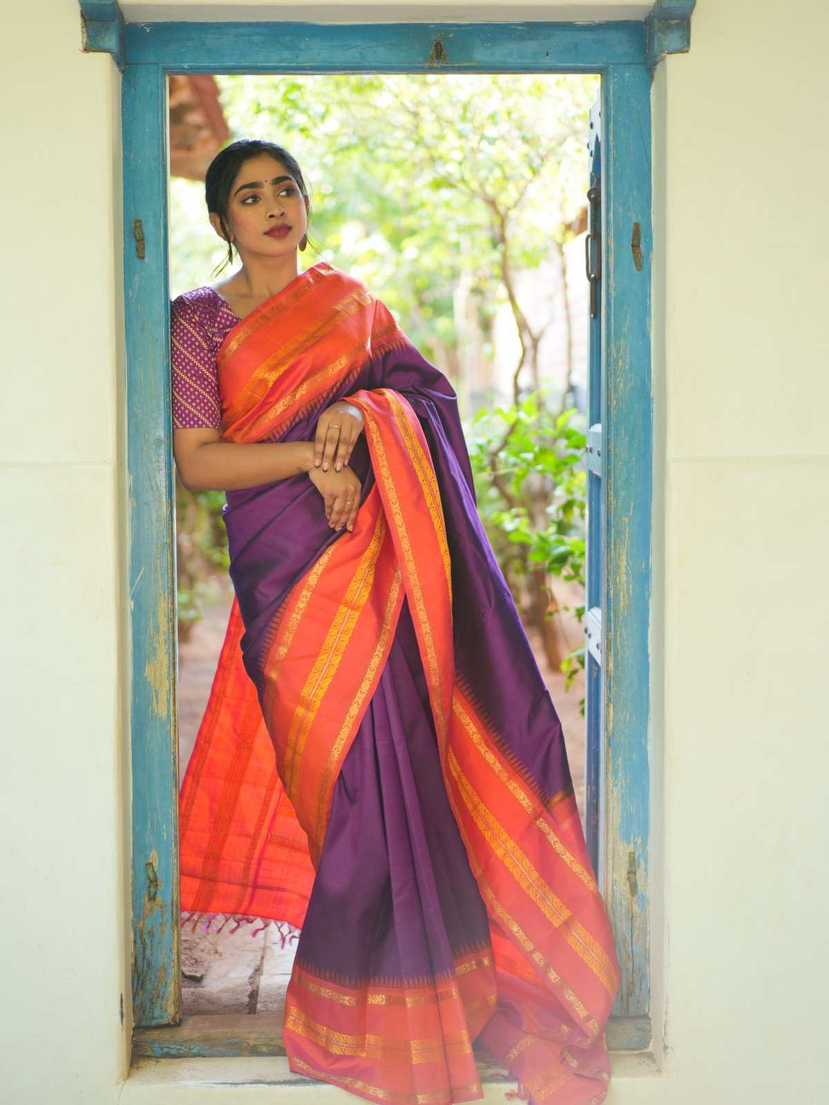 Purple Kanjeevaram Silk Saree With Orange-Pink Border