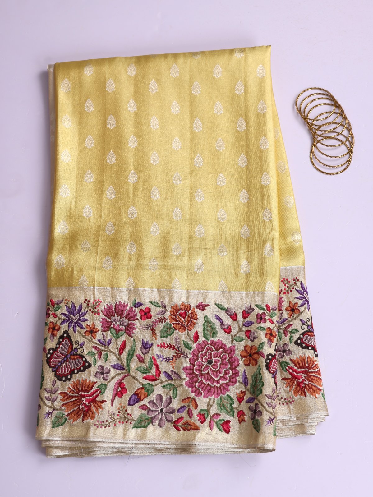 Yellow Tissue Kanjeevaram Silk Saree With Embroidered Border
