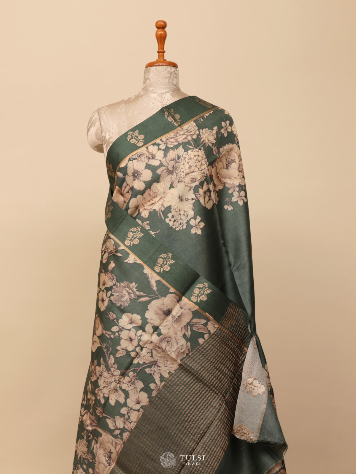 Green Printed Tussar Silk Saree