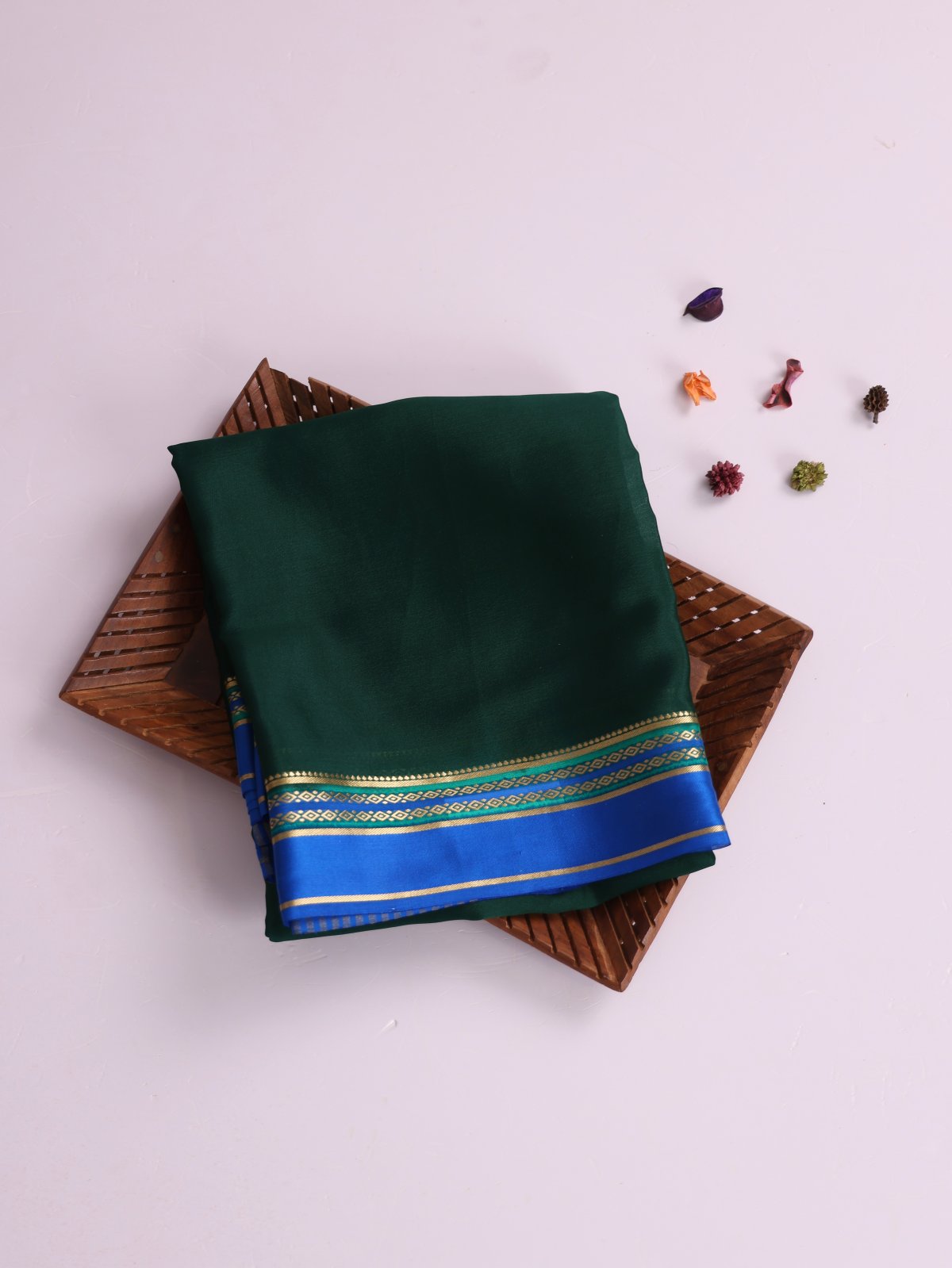 Bottle Green Mysore Silk Saree With Anandha Blue Satin Border