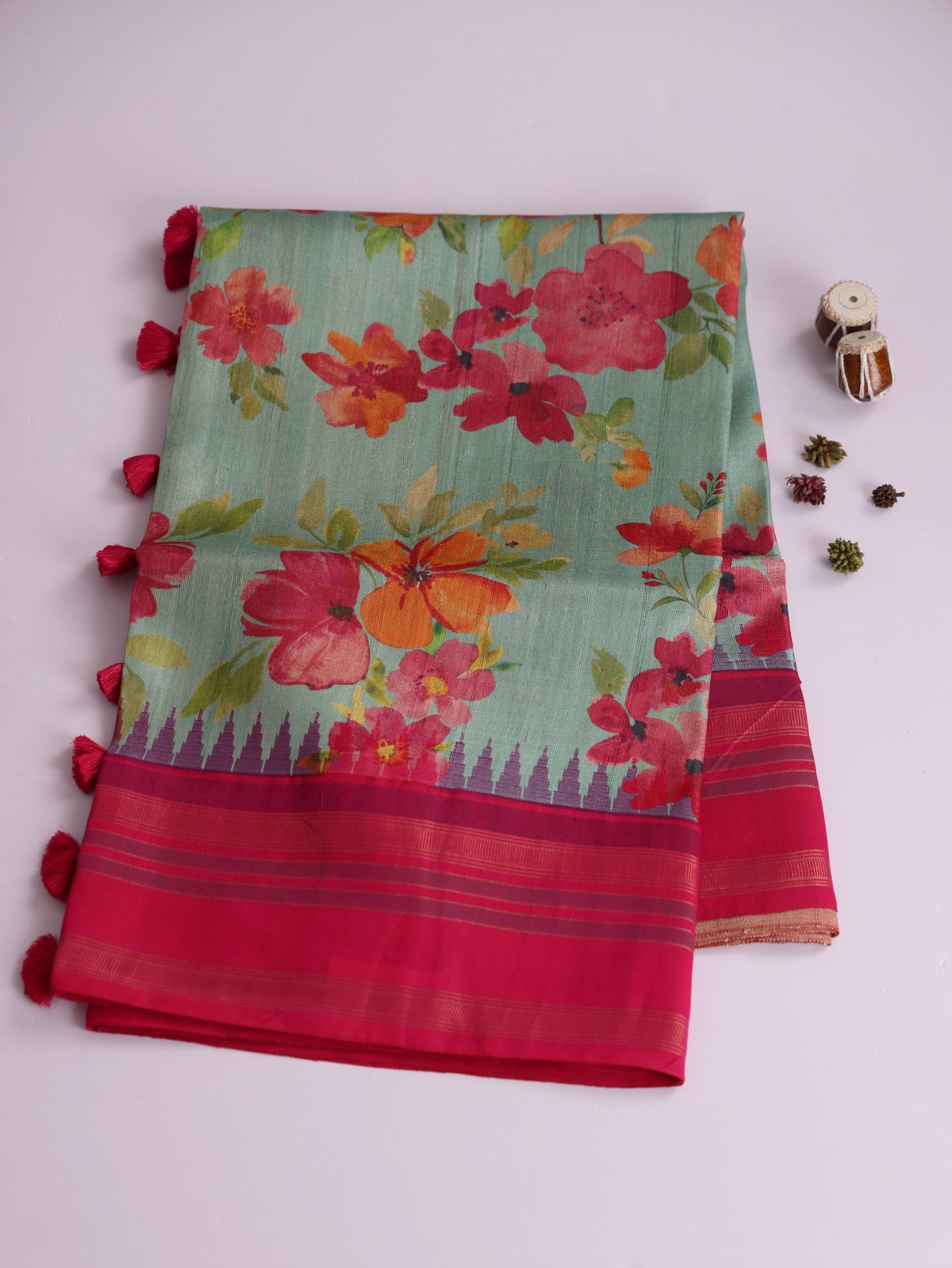 Light Bluish Green Printed Tussar Silk Saree With Rani Pink Border