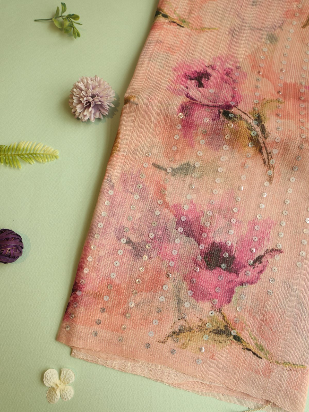 Pastel Pink Kora Jute Saree with Floral Print