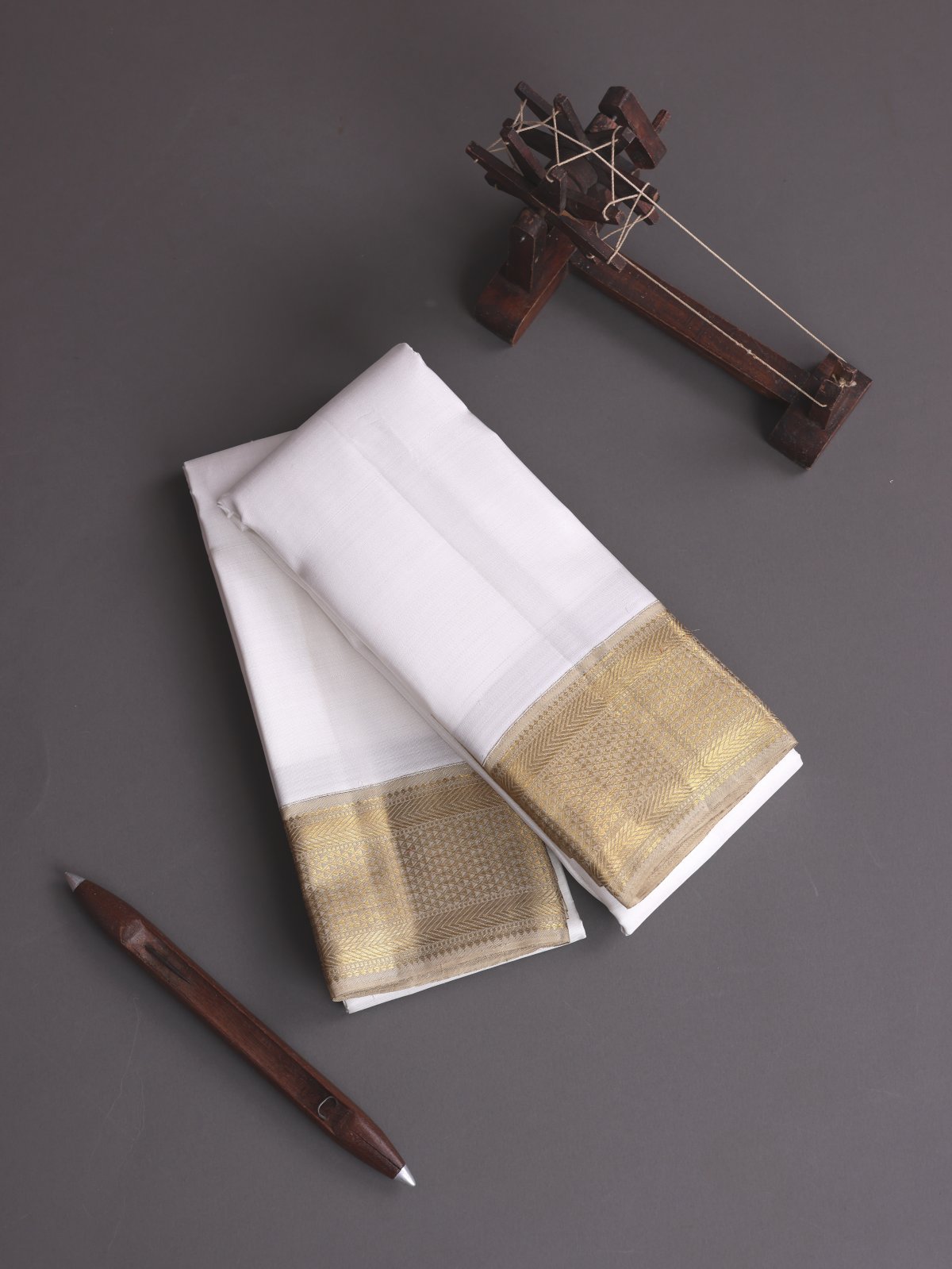 White Silk Dhoti And Vasthram With Dark Beige Zari Border