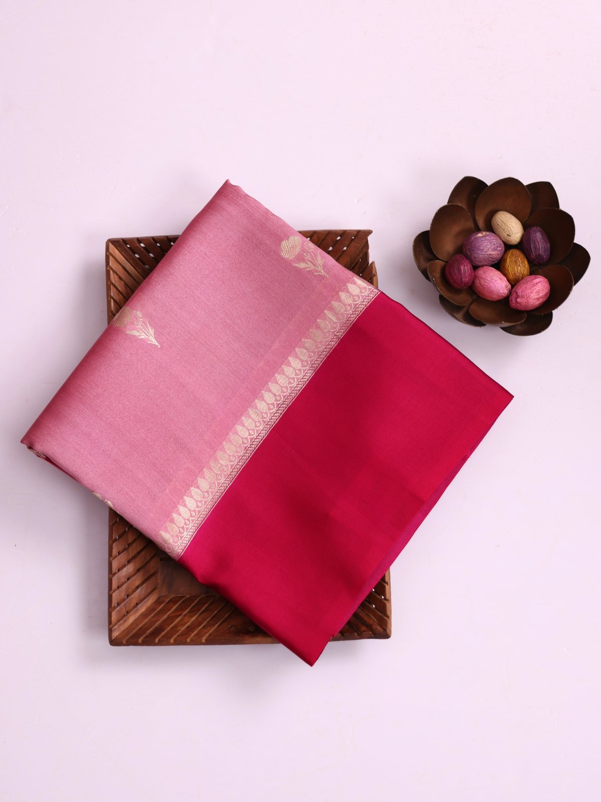 Pink Tussar Organza Silk Saree With Dark Pink Satin Border