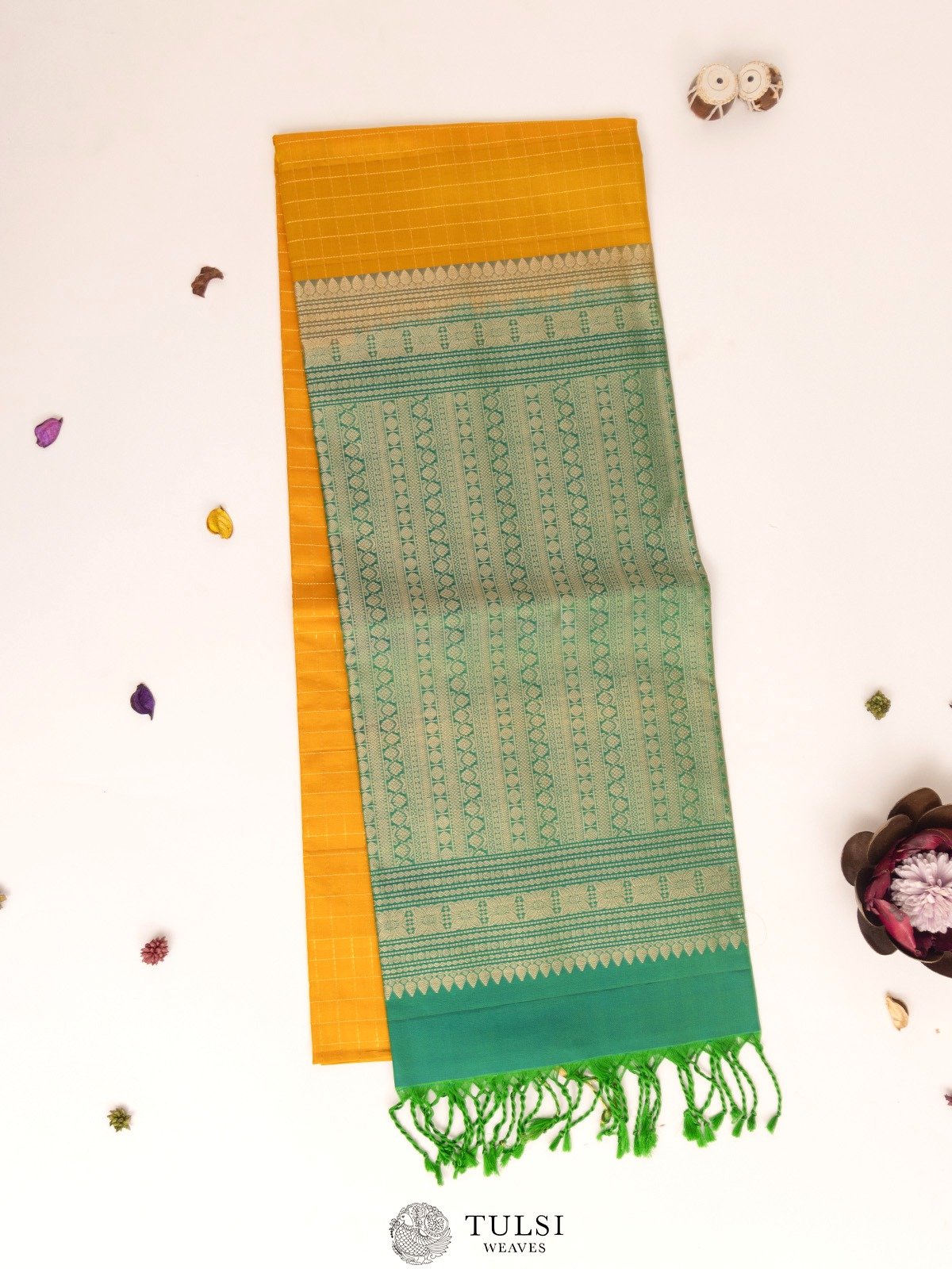 Mustard Checked Soft Silk Saree