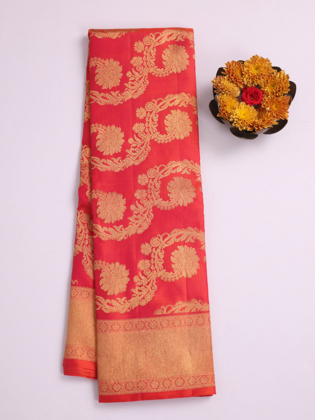 Pinkish Orange Zari Brocade Kanjeevaram Silk Saree With Zari Border
