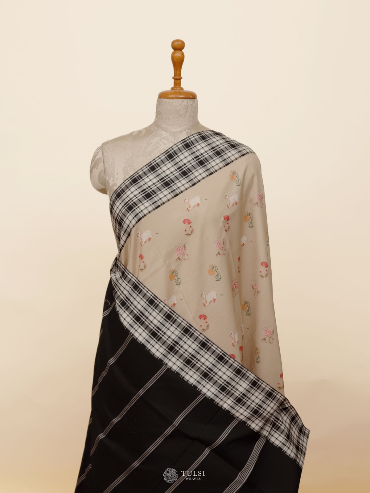 Light Khaki Printed Kanjeevaram Silk Saree With Checked Border