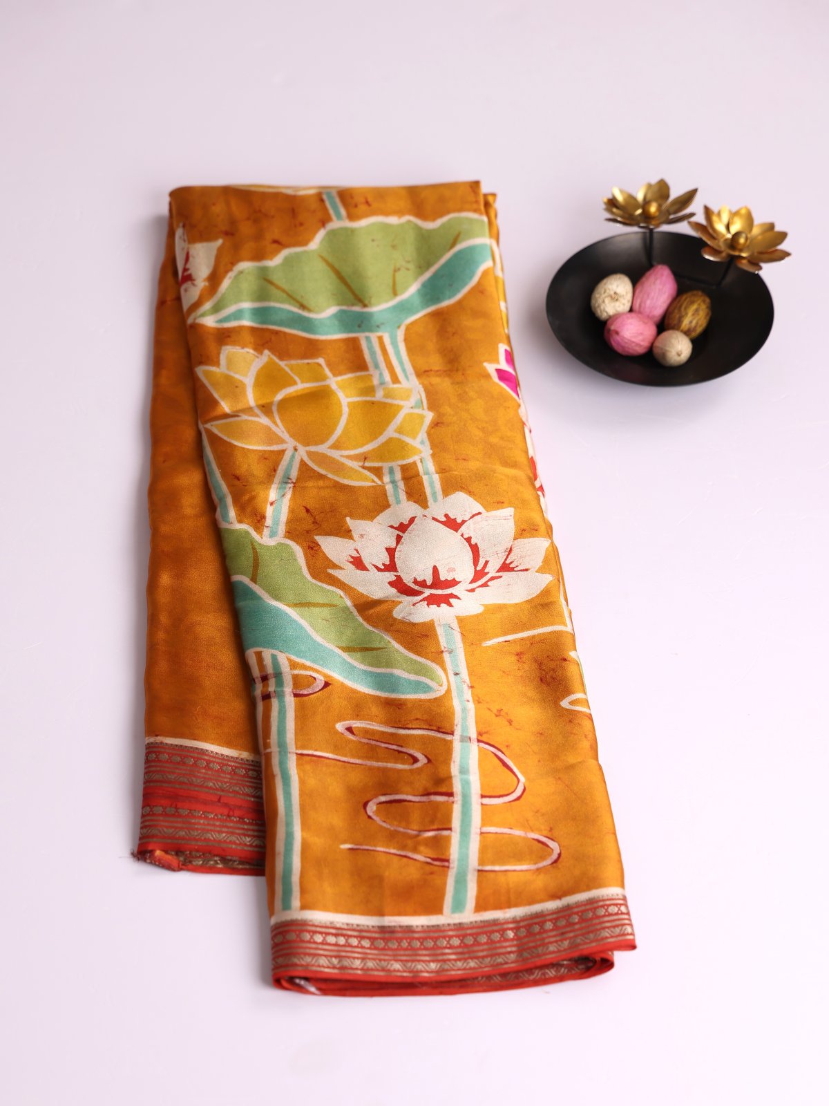 Mustard Yellow Batik Printed Satin Silk Saree With Rust Zari Border