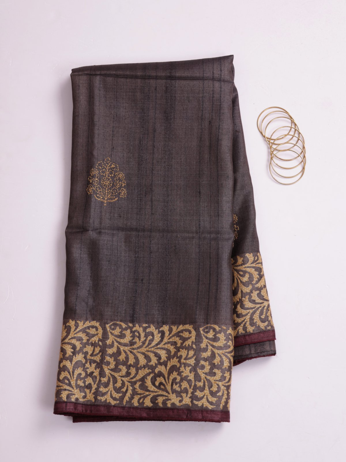 Dark Grey Printed Tussar Silk Saree With Kantha Embroidery
