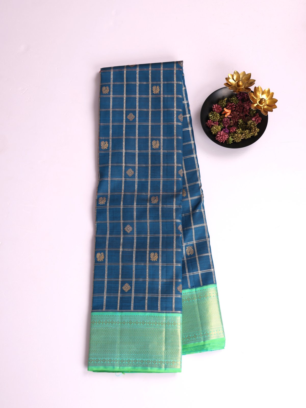 Peacock Blue Zari Checked Kanjeevaram Silk Saree With Bluish Green Border