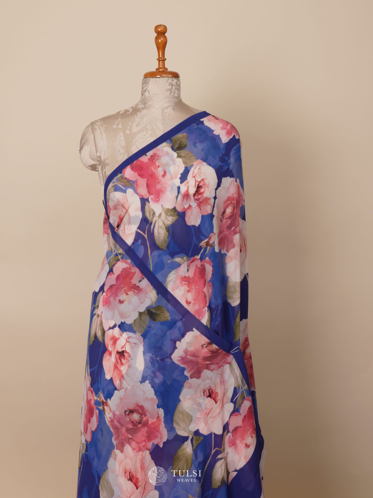 Blue Floral Printed Georgette Silk Saree