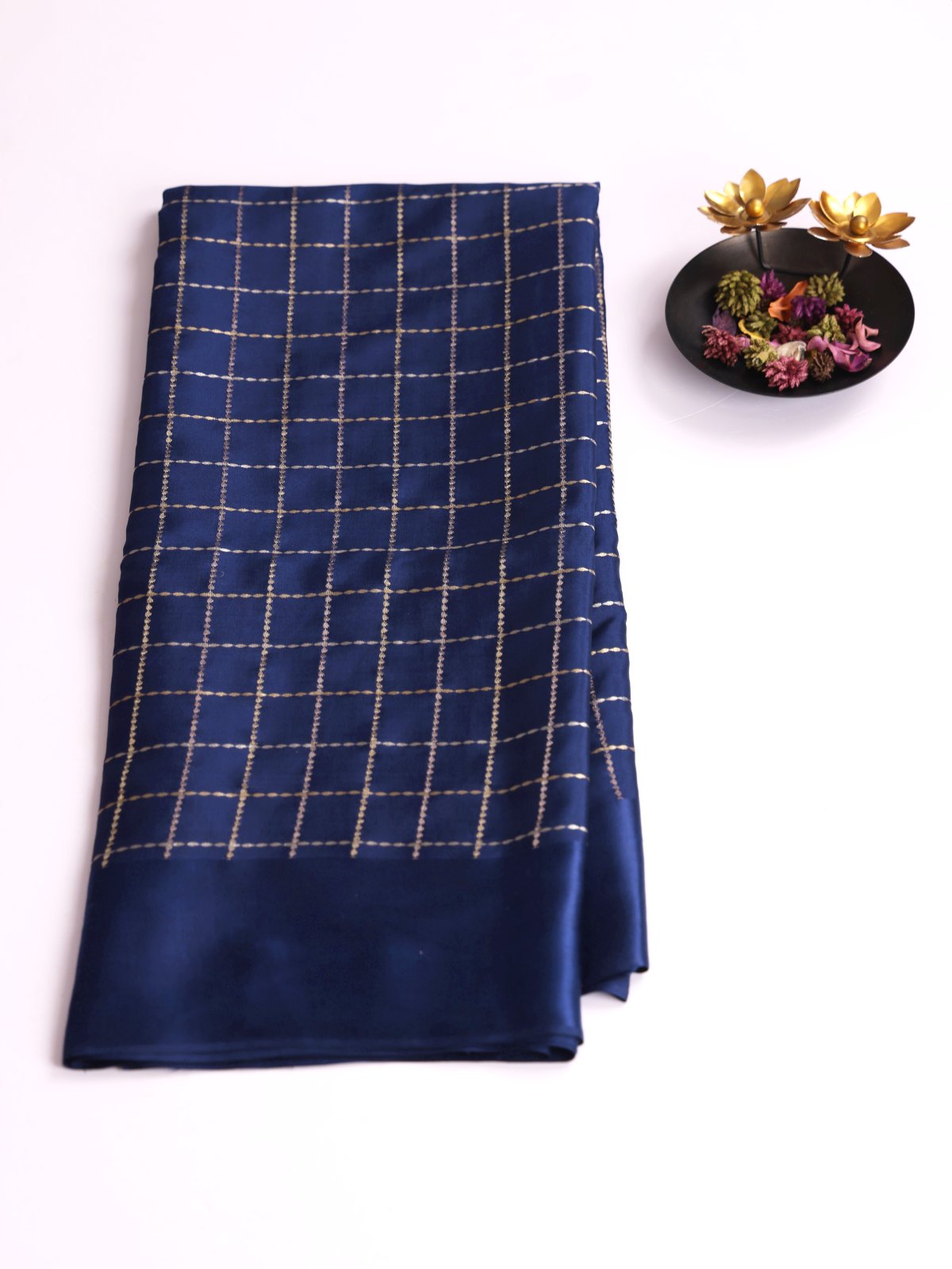 Navy Blue Zari Checked Mysore Silk Saree With Satin Border