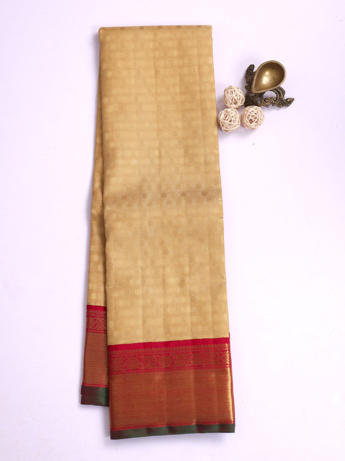 Sandal Kanjeevaram Silk Saree With Red Zari Border