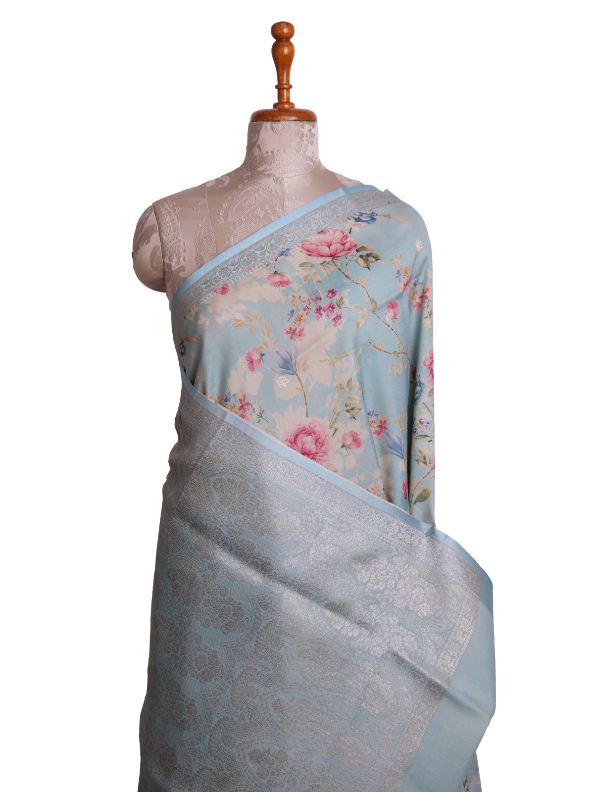 Light Blue Printed Tussar Georgette Silk Saree