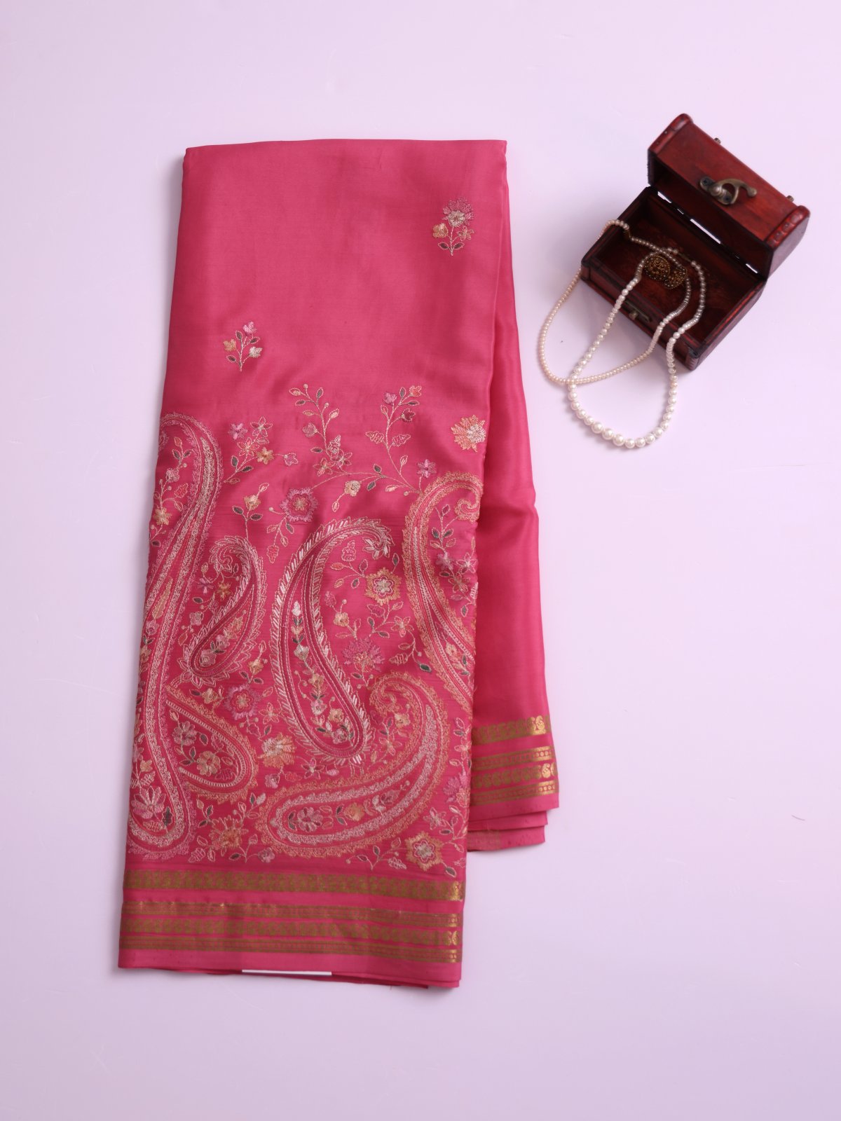 Pink Embroidered Mysore Crepe Silk Saree