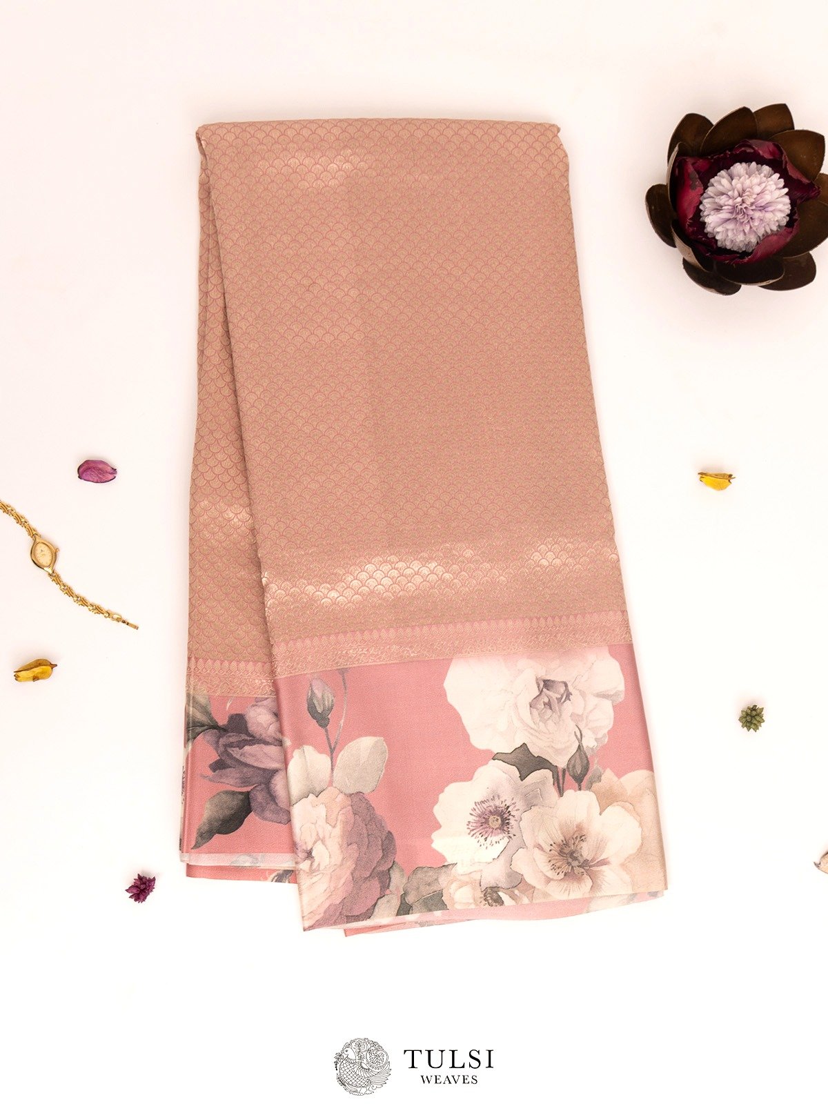 Dusty Pink Printed Banaras Silk Saree 