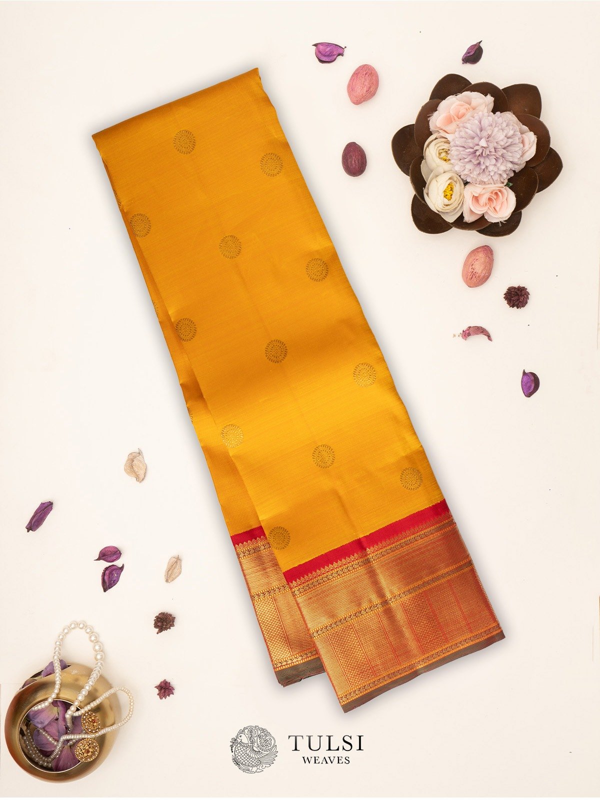 Mustard Yellow Kanjeevaram Silk Saree with Red Border