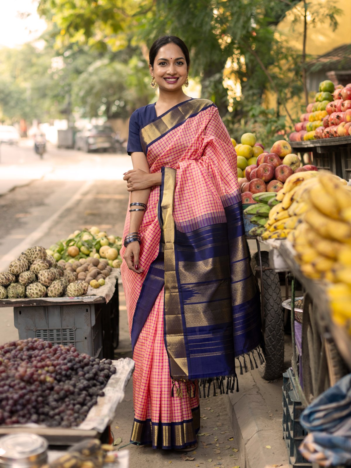 Multi Color Checked Kanjeevaram Silk Saree