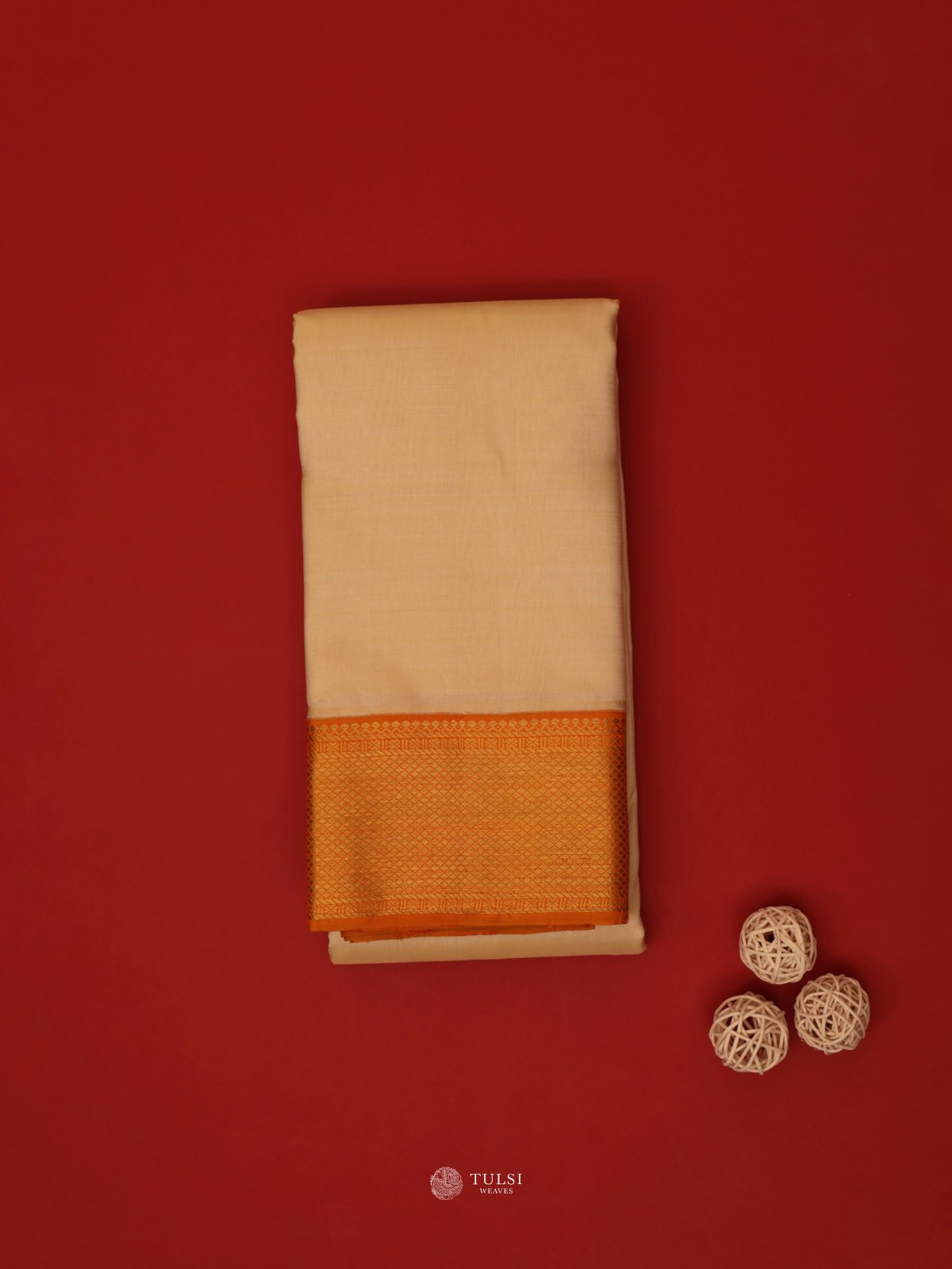 Beige Silk Dhoti with Orange Korvai Border