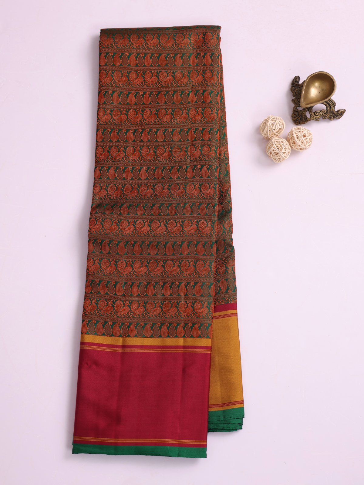 Green Threadwork Kanjeevaram Silk Saree With Ganga Jamuna Border