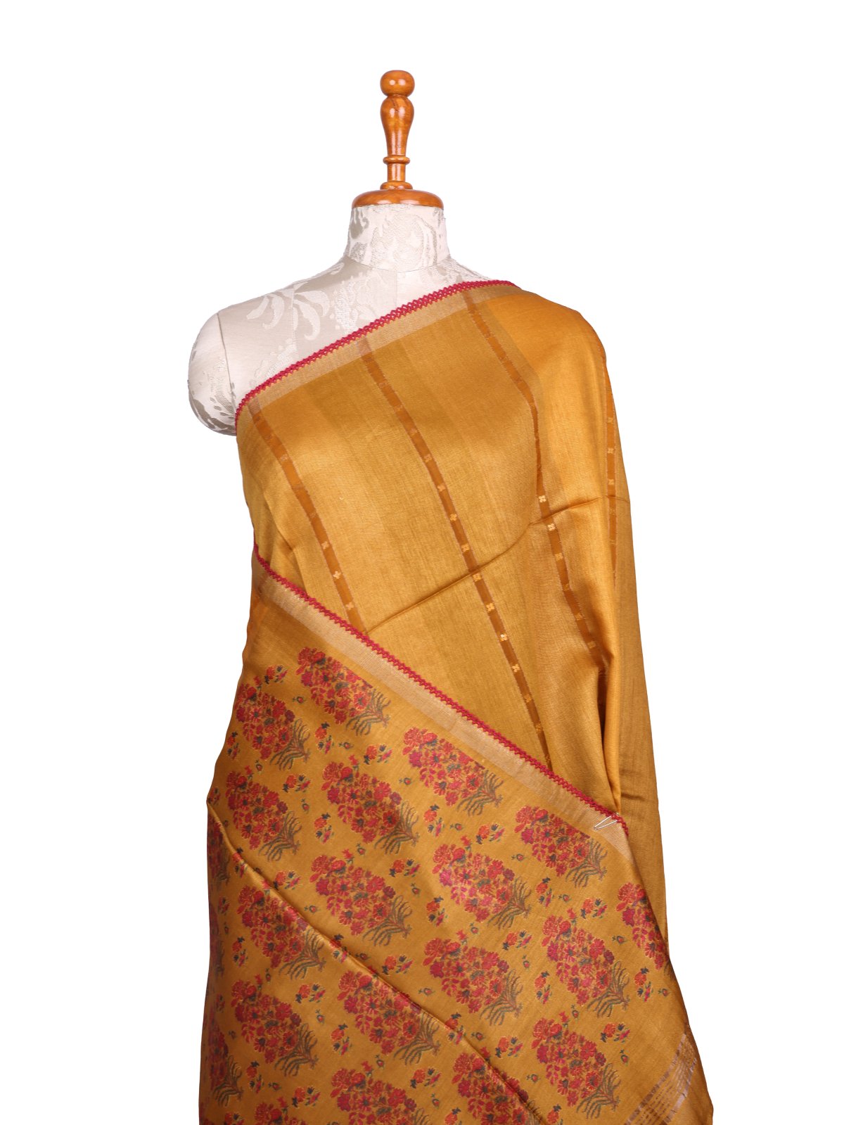 Mustard Yellow Printed Munga Tussar Silk Saree