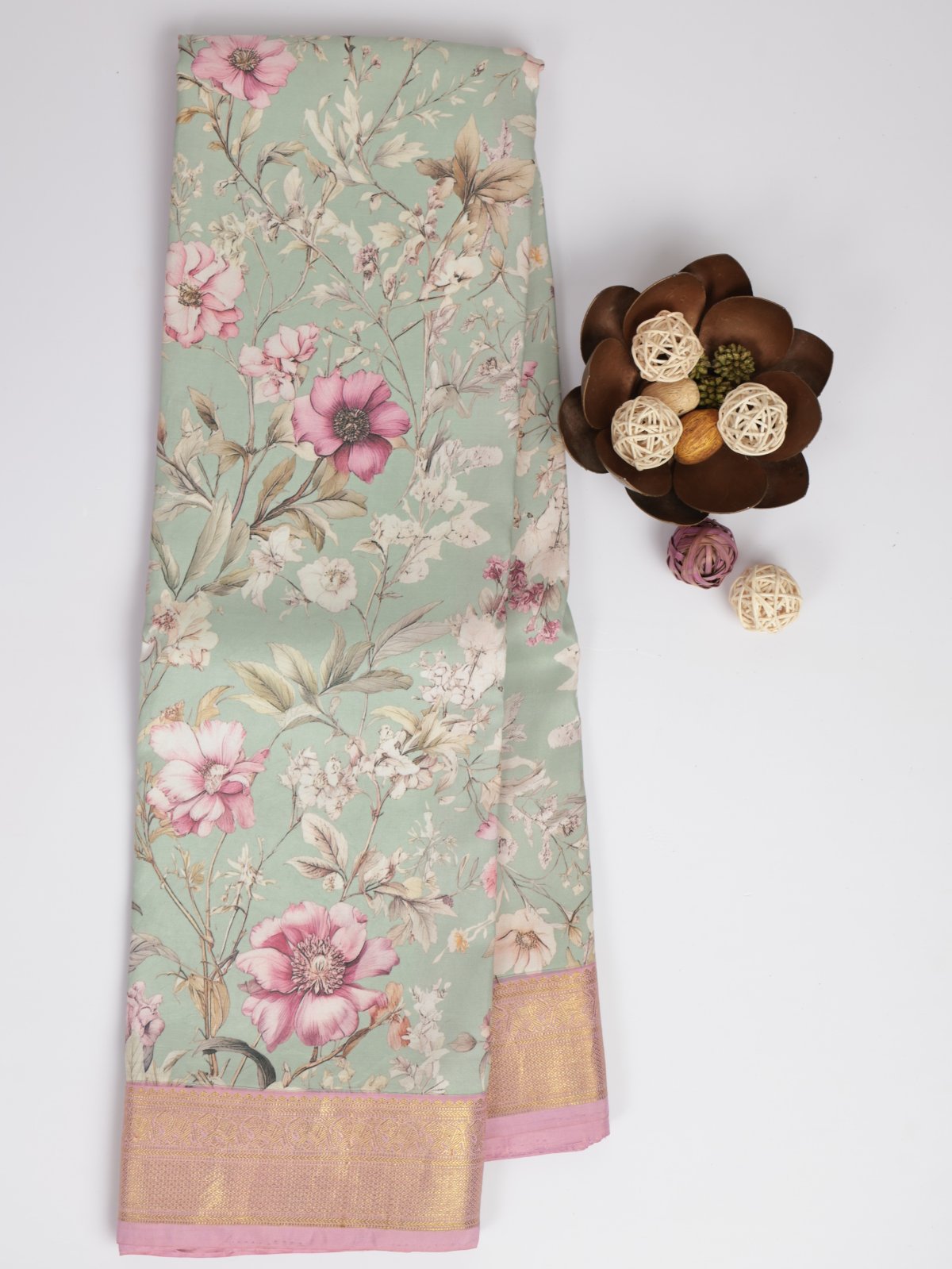 Light Pista Green Printed Kanjeevaram Silk Saree