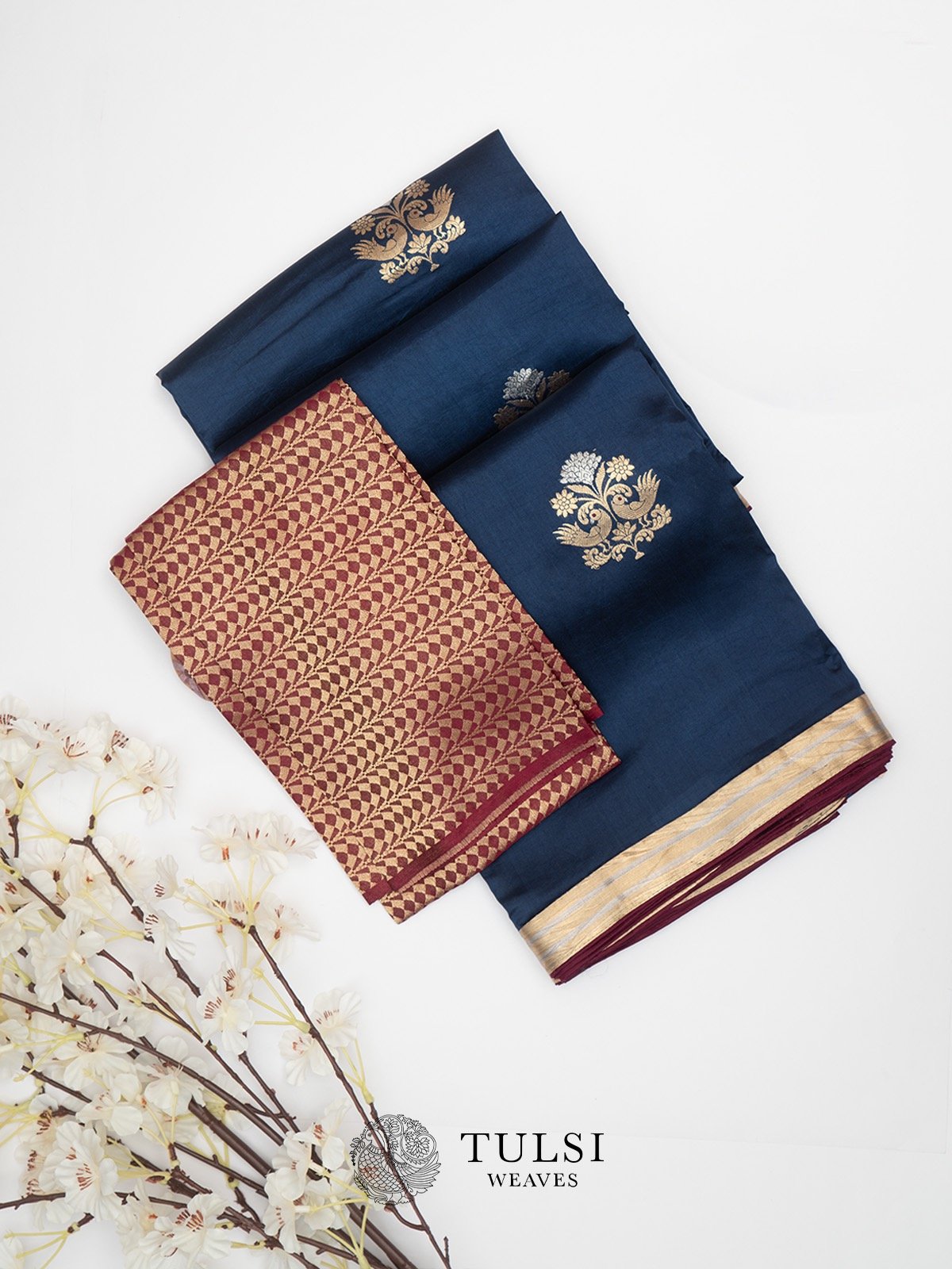 Deep Blue Banarasi silk saree with burgundy blouse