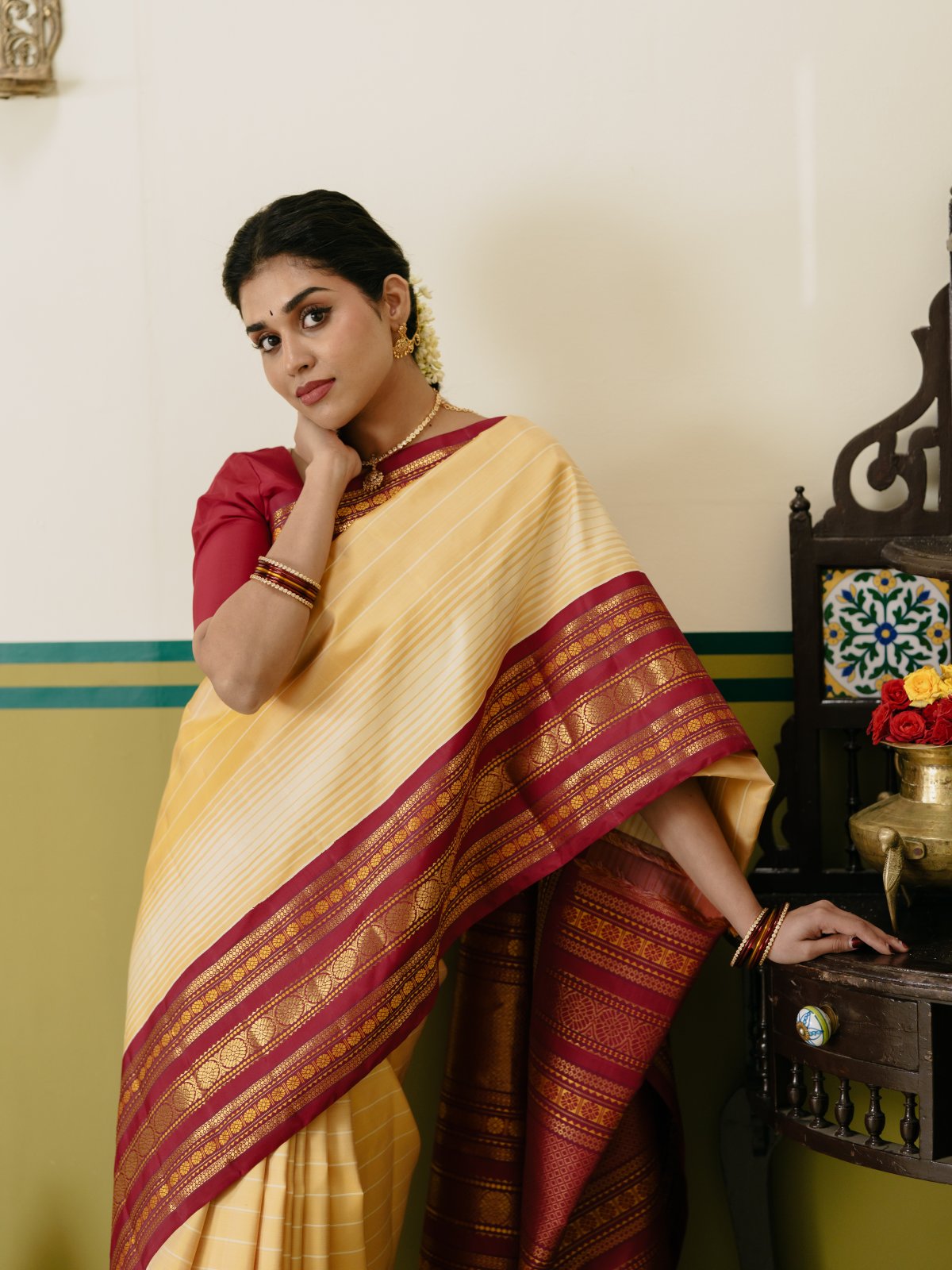 Vintage 52 - Yellow Striped Kanjeevaram Silk Saree With Araku Border