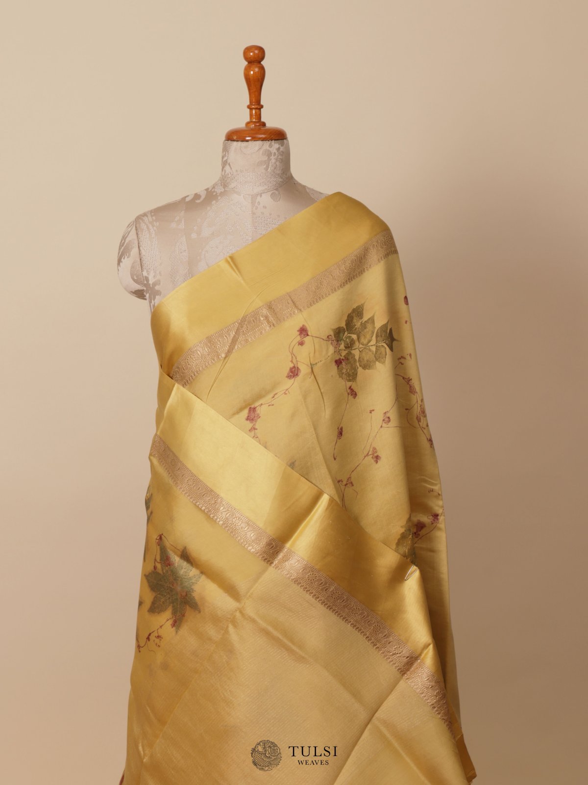 Pastel Yellow Eco Print Silk Saree With Satin Border
