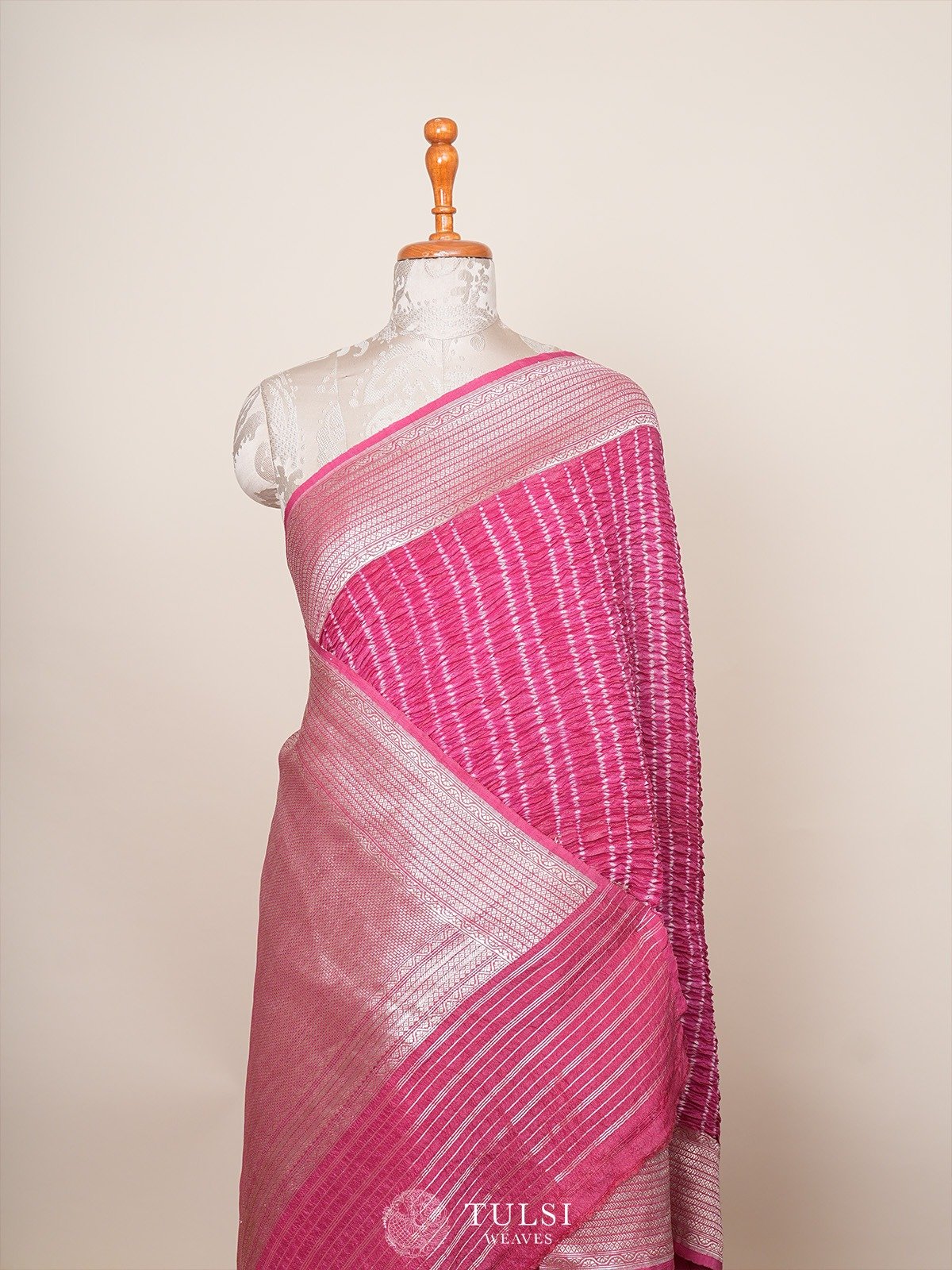 Pink Tussar Bandhini Silk Saree