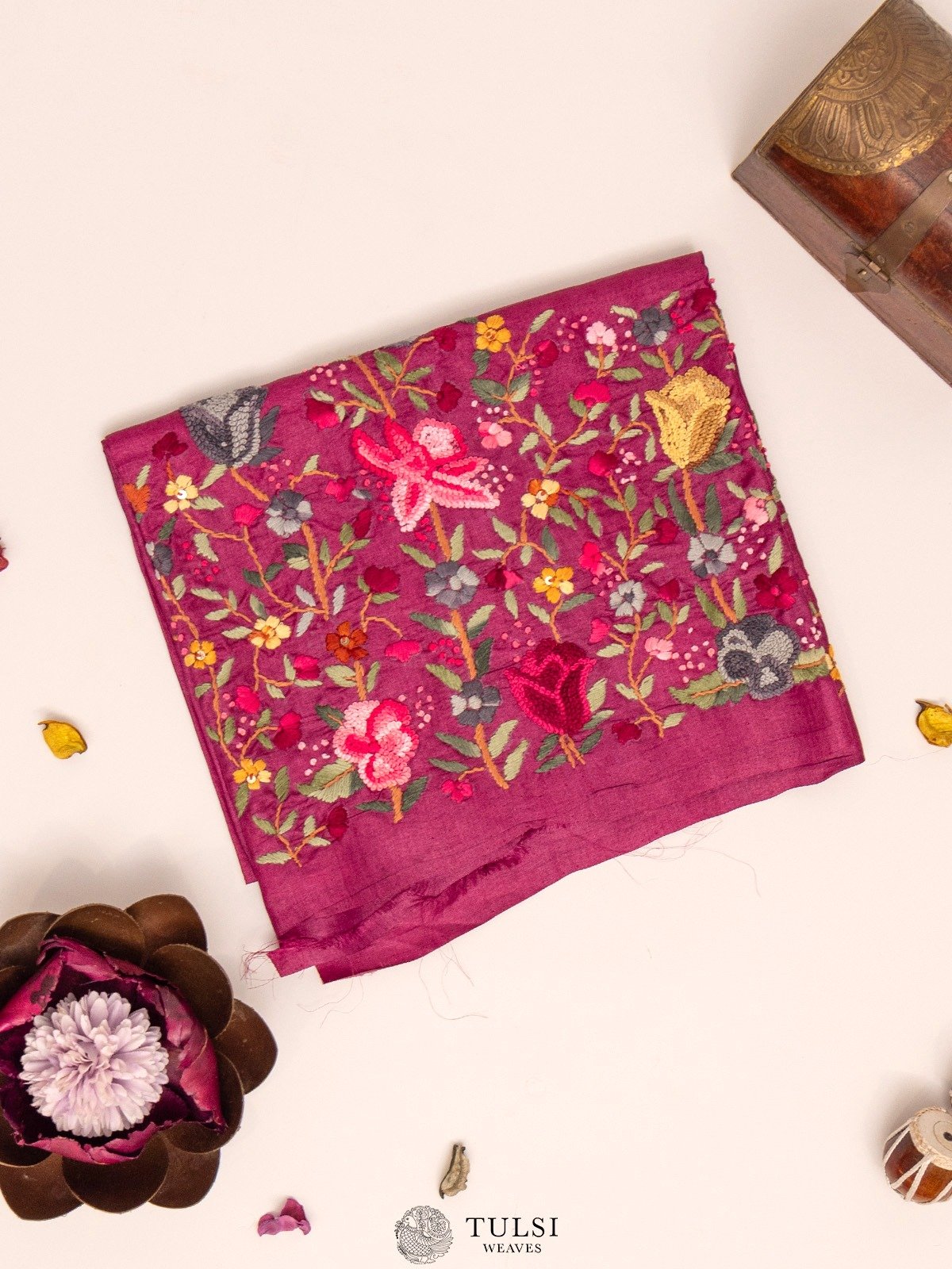 Dark Magenta Tussar Blouse With Floral Embroidery