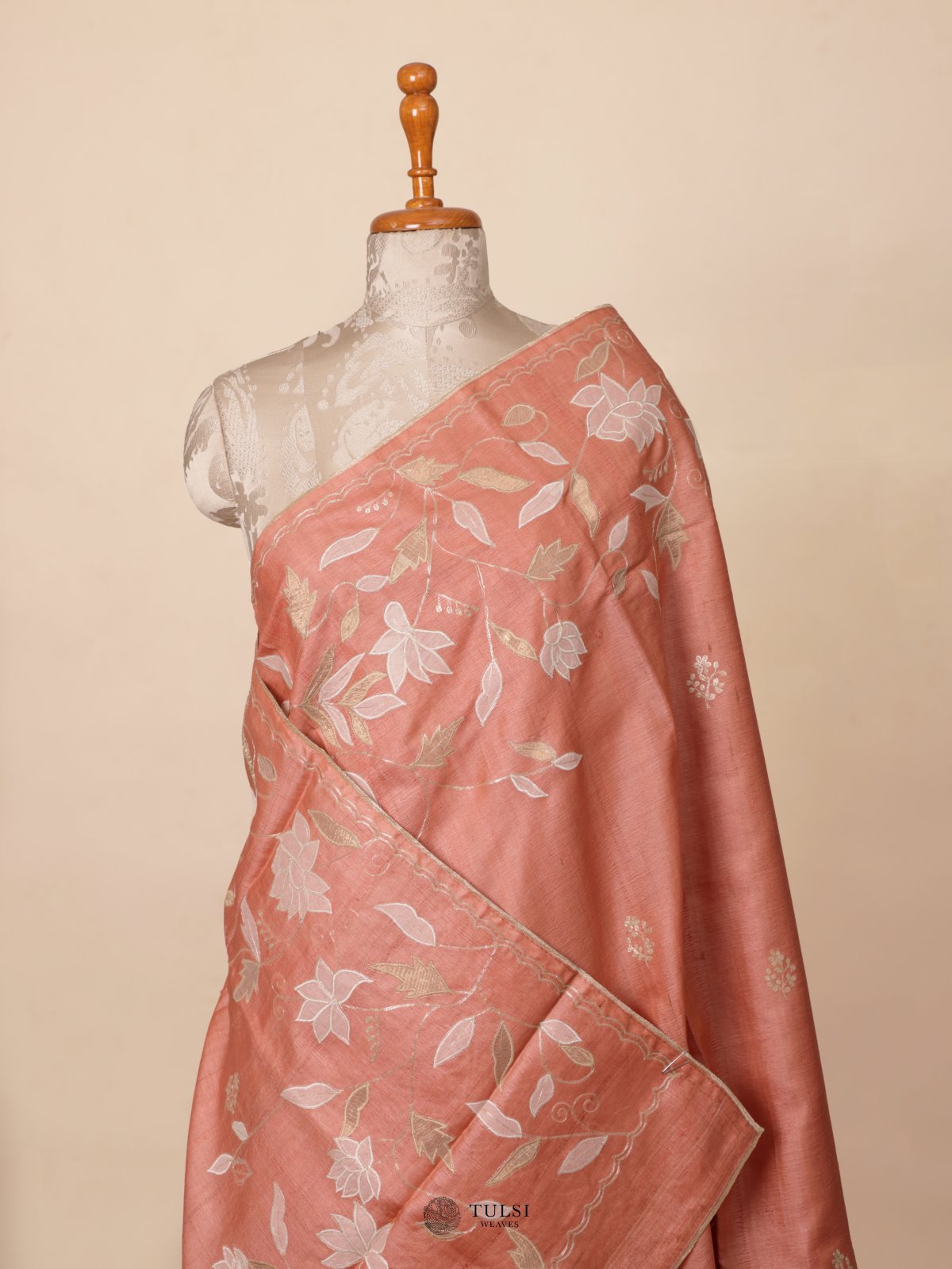 Peach Tussar Silk Saree with Applique Work