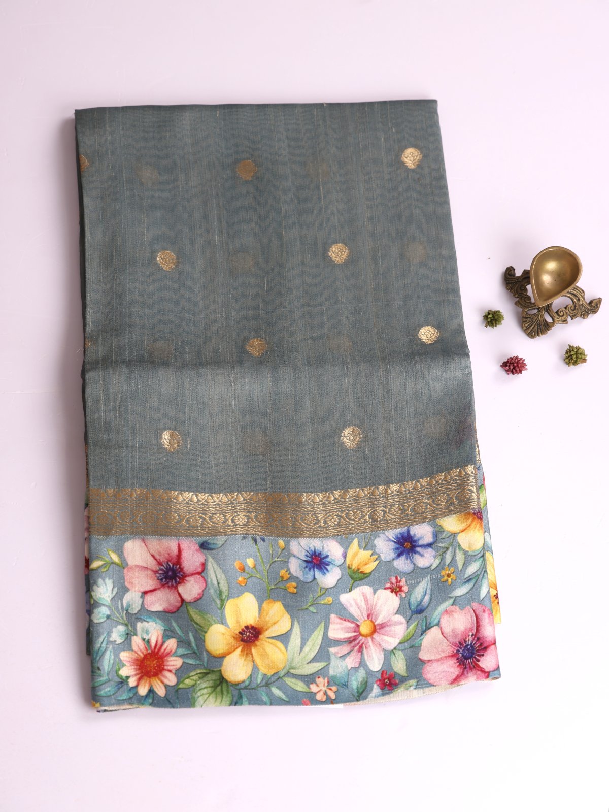 Light Bluish Grey Tussar Silk Saree With Printed Satin Border