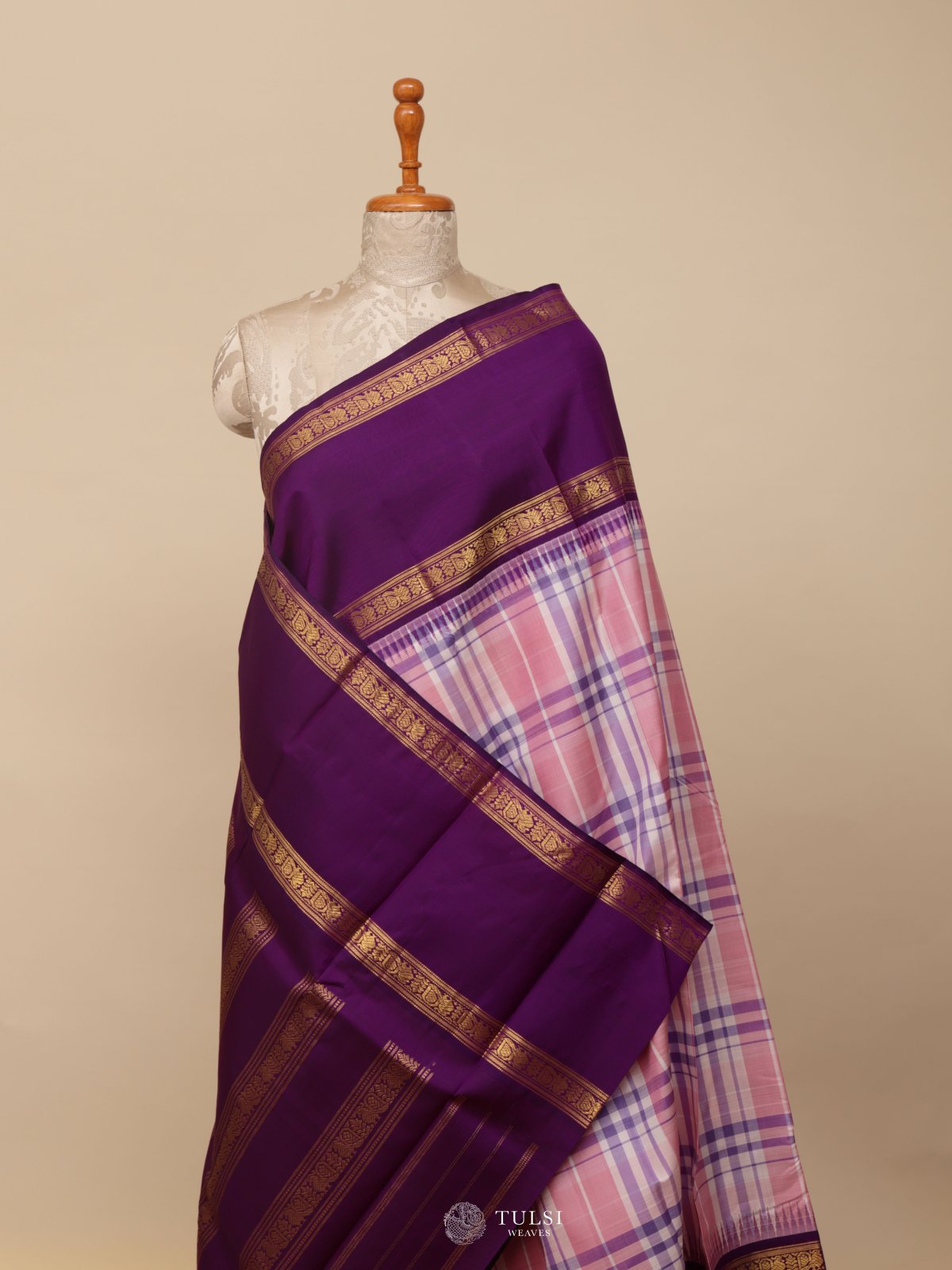 Multi Color Checked Kanjeevaram Silk Saree With Purple Border