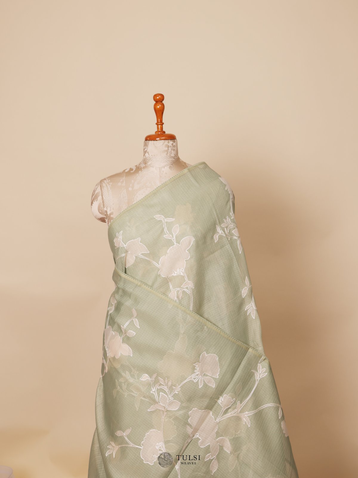 Light Green Semi Kota With Embroidered Saree