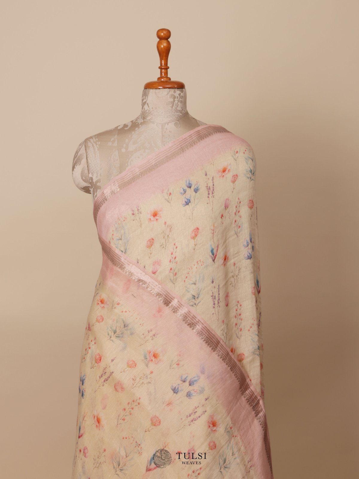 Light Peach Printed Linen Saree
