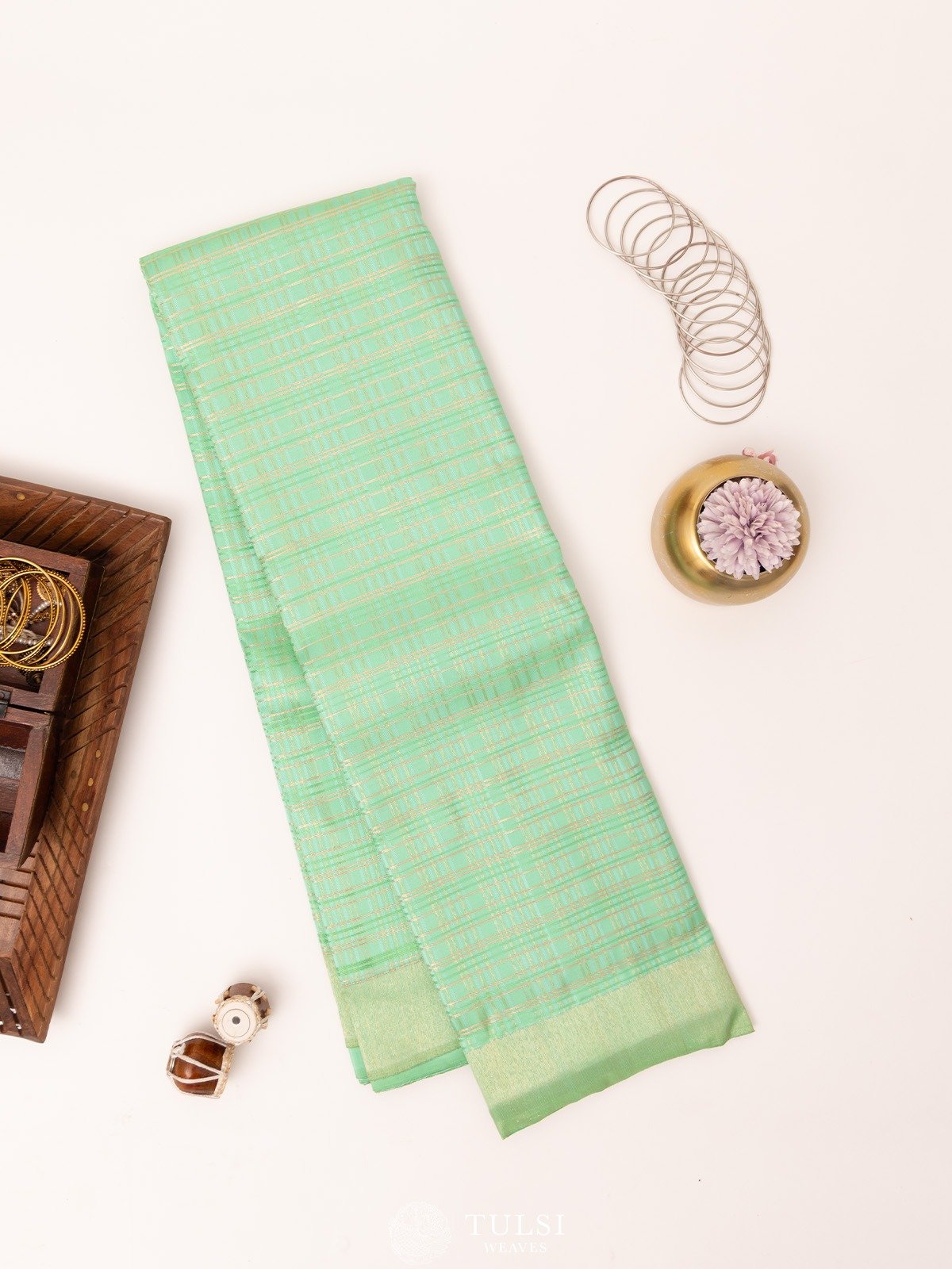 Checked Mint Green Kanjeevaram Silk Saree with Bavanchi Border