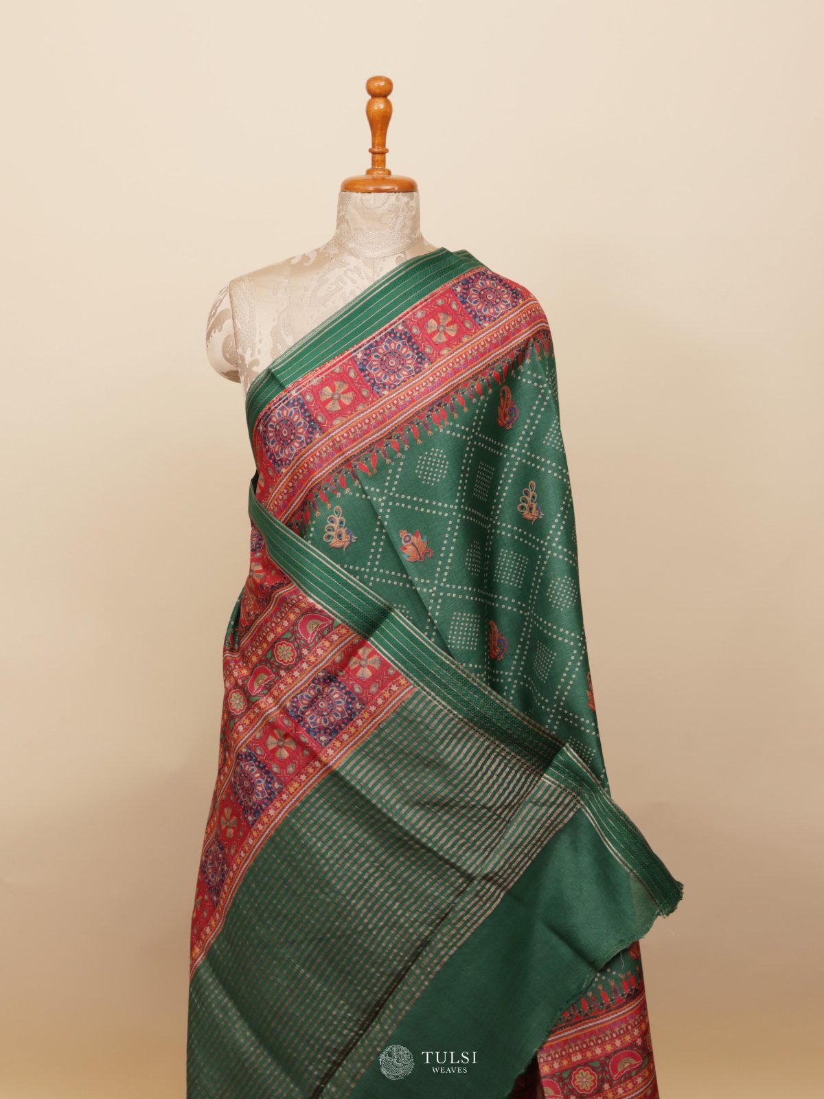 Green Printed Tussar Silk Saree