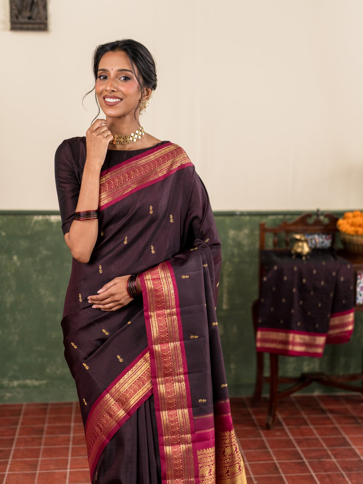 Vintage 127 - Dark Brown Kanjeevaram Silk Saree With Maroon Border